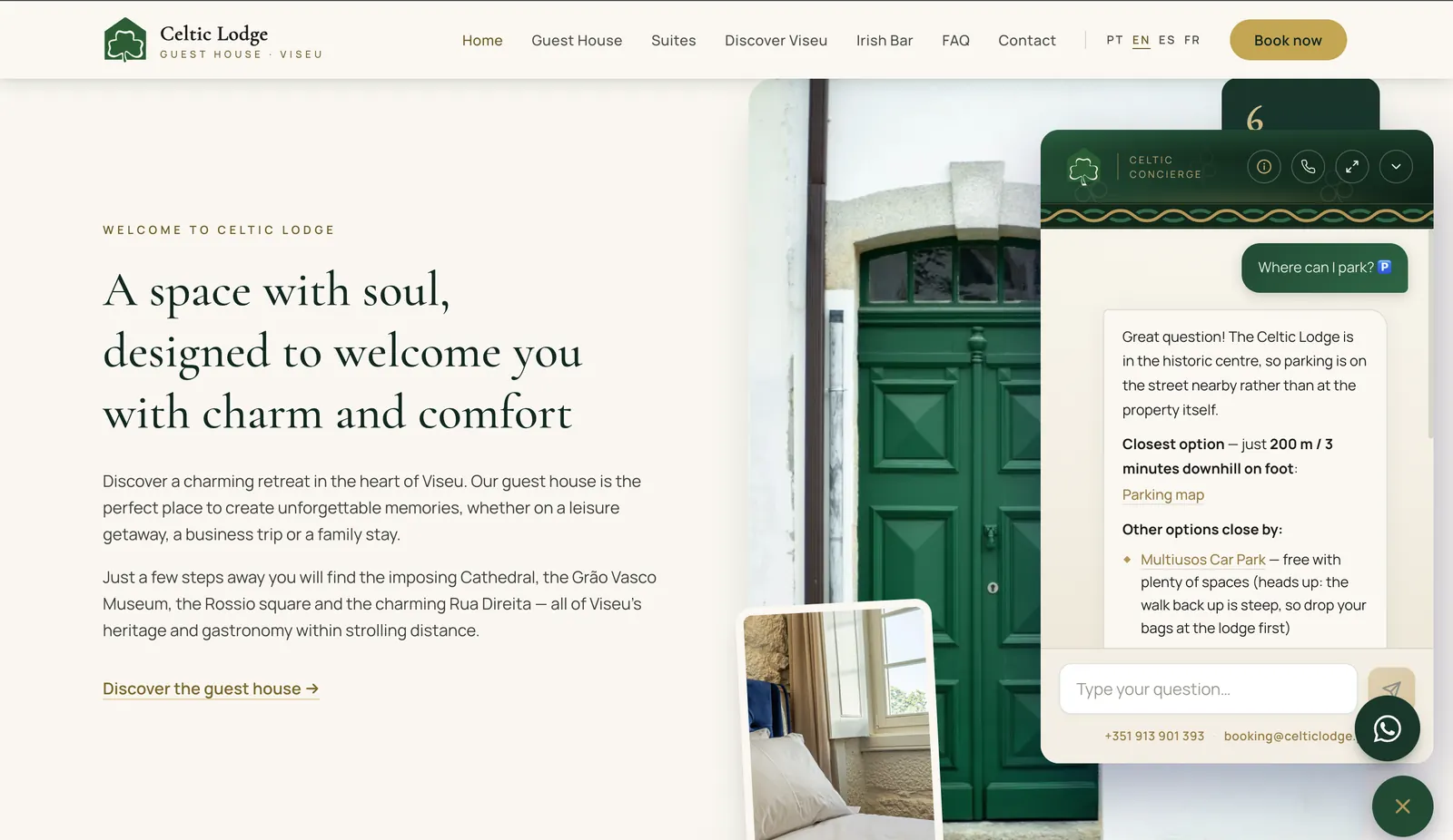 The Celtic Lodge assistant open over the website, explaining in English where to park.