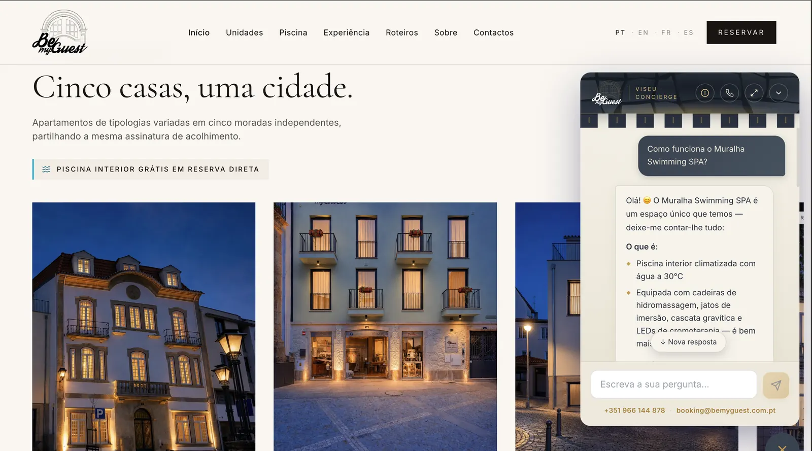 The Bemyguest assistant open over the website, explaining the Muralha Swimming SPA in Portuguese.