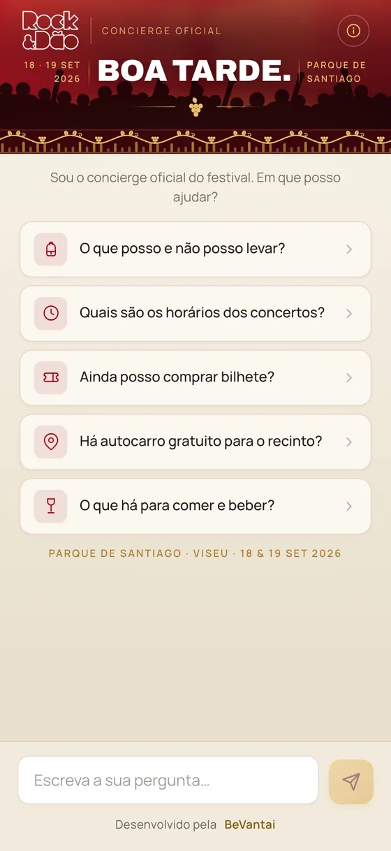El concierge oficial de Rock & Dão en el móvil, con las preguntas sugeridas.