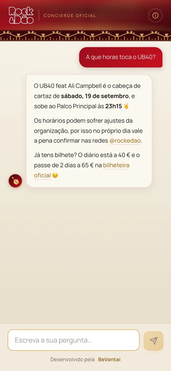 El concierge de Rock & Dão respondiendo a la pregunta «¿A qué hora toca UB40?», en portugués.